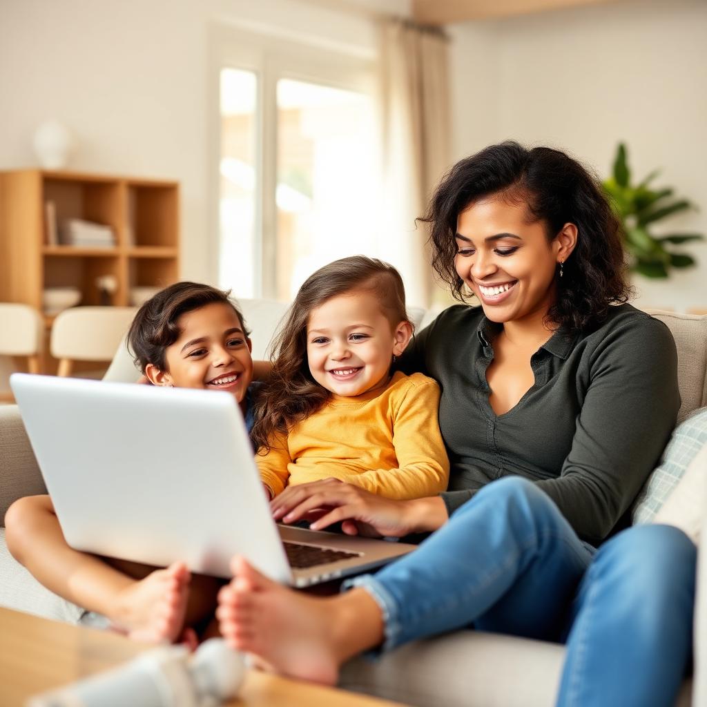 A mother and her two children on a couch with a laptop